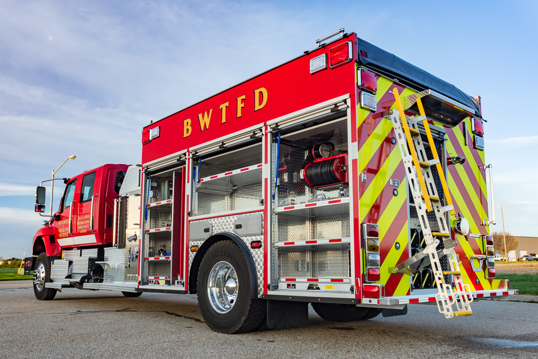 The rear access ladder (pictured) is a signature Spencer fire truck component.
